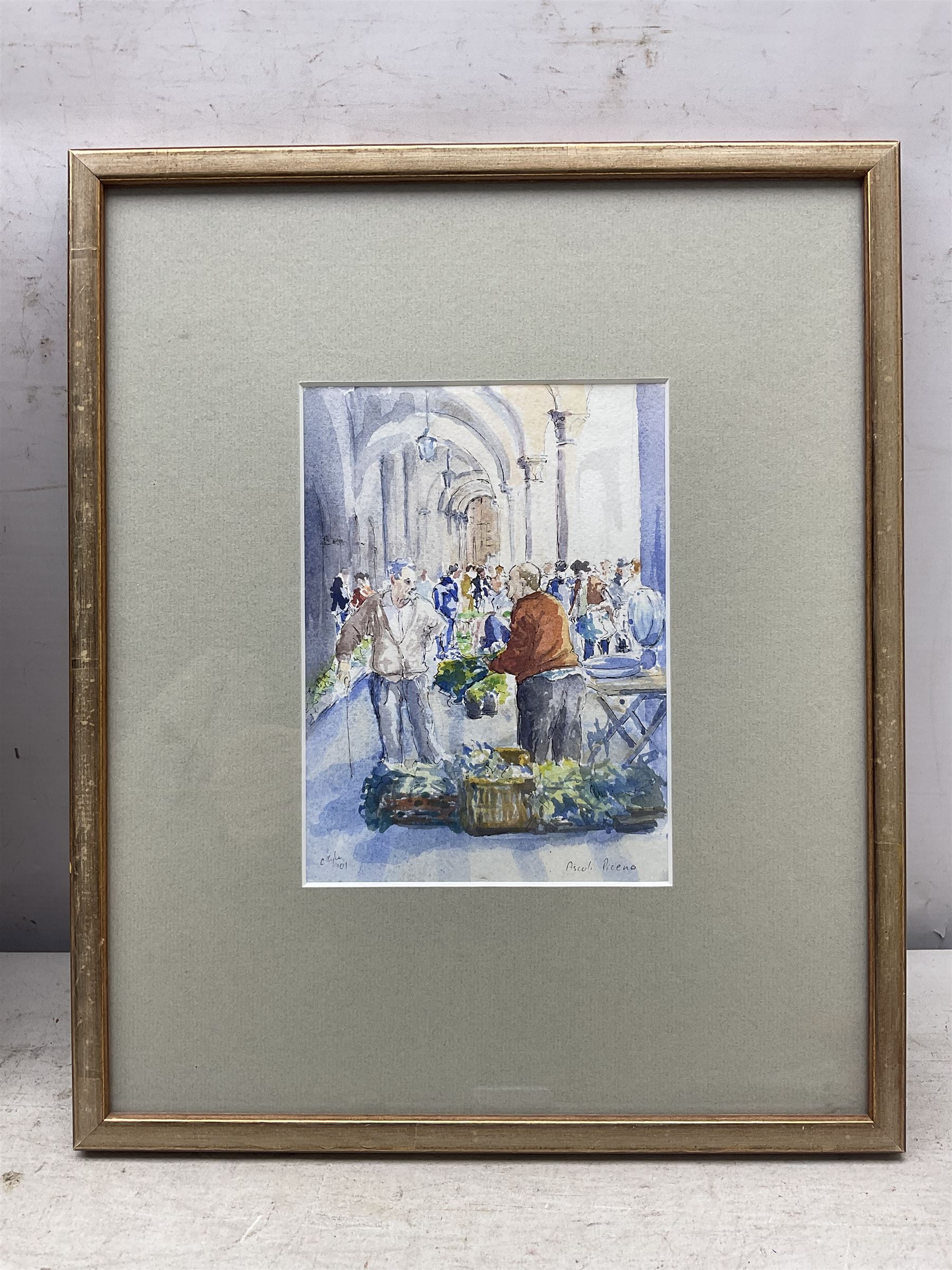 Catherine Tyler (British 1949-): 'Market Conversation - Ascoli Piceno', watercolour signed and dated '01, titled verso 19cm x 14cm 