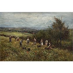 Wiggs Kinnaird (British 1870-1930): 'The Pea Pickers', oil on canvas signed, titled verso 24cm x 34cm