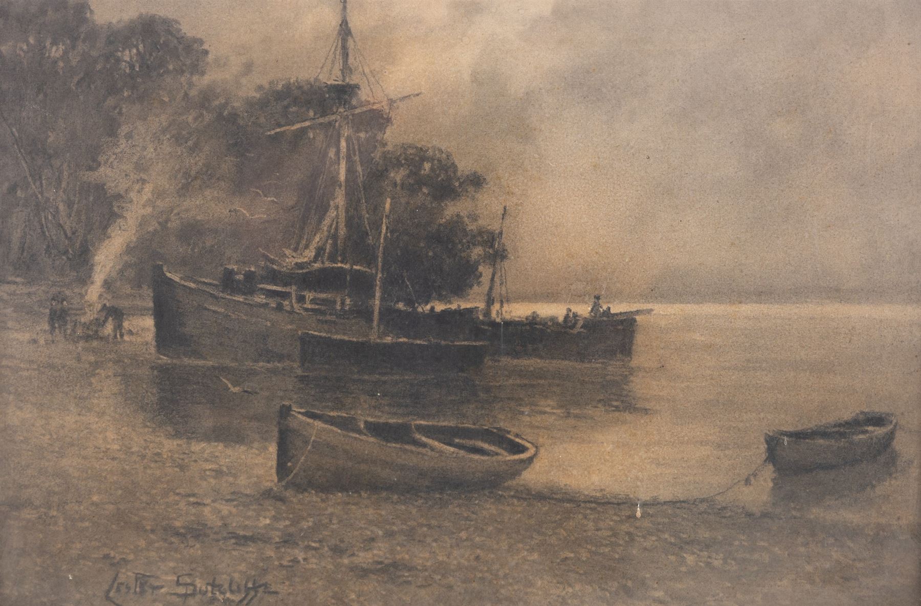 Lester Sutcliffe (British 1848-1933): Ships Landed and Ships at Sea, pair monochrome pastel and watercolours signed 35.5cm x 53cm