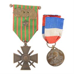WWII French 1914-18 Croix de Guerre with bronze star and army motorcyclist badge together ...