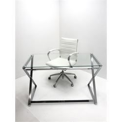 Chrome 'X' framed desk with rectangular glass top (W121cm, H75cm, D60cm) and matching chrome and faux leather swivel chair (W58cm)