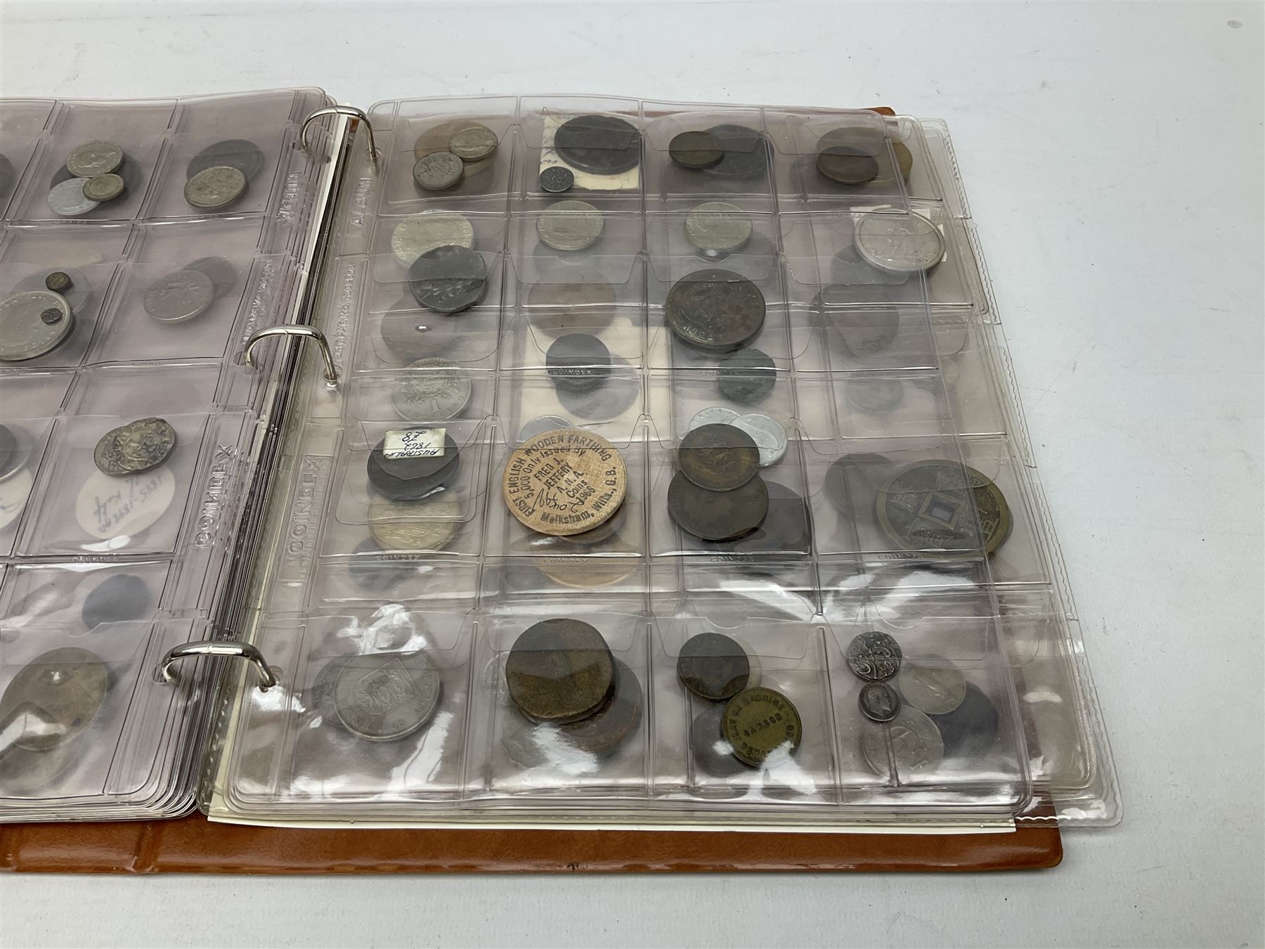World coins and related items, including Maria Theresa restrike thaler, German silver five deutschmark coins, Sudan 20 piastres, Netherlands 1848 1/2 guilder, United States of America 1964 half dollar etc, small number of fantasy/replica coins etc, housed in a ring binder album 