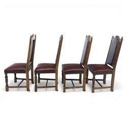 Carolean revival oak dining table and eight chairs (7+1), refectory table with rectangular boarded top and cleated ends, raised on shaped trestle end supports with central stretcher, accompanied by eight high-back chairs including a carver, leather upholstered panels and seats with studwork, on turned legs with stretchers.