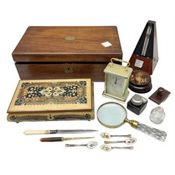 Mahogany writing slope, together with a brass and cut glass magnifying glass, Italian Sorrento inlaid music box and four coasters, metronome and Wm. Widdop carriage clock etc