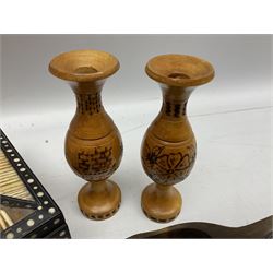 Porcupine quill box, carved treen folk art jug, probably Norweigan/Scandinavian, carved figure of a lion, egg cup, and pair of vases