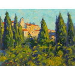 John Mackie (Scottish 1953-): 'The Village of Minerva', oil on canvas signed and dated '99, titled verso 34cm x 44cm 