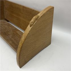 Mouseman - oak book trough, curved and adzed end supports, carved with mouse signature, by the workshop of Robert Thompson, Kilburn