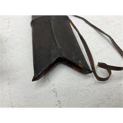 Late 19th/early 20th century Indian Tulwar sword with 81cm plain curving steel blade and iron hilt with extended langets, knucklebow and spiked pommel; in leather covered scabbard L100cm overall; and another Tulwar lacking scabbard in almost relic condition (2)