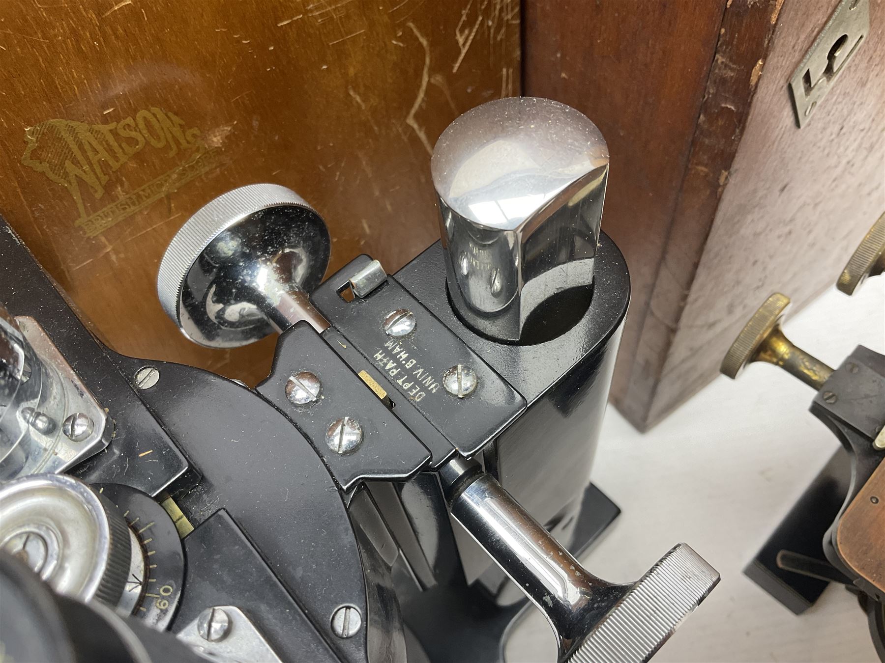 Three W. Watson & Sons microscopes, comprising Kima no 58173, Low power binocular no 98846 and High power binocular no 103144, all boxed 