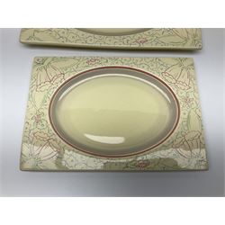 Clarice Cliff Biarritz part dinner set, circa 1930, for Royal Staffordshire, of rectangular form, decorated with bluebells, to include one serving plate, six dinner plates, three side plates, etc, printed mark beneath with reg no 784849 (17)