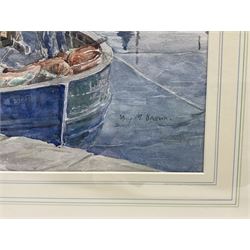 Mary M Brown (British 20th century): Fishermen Mooring to Harbour Wall, watercolour signed 38cm x 48cm