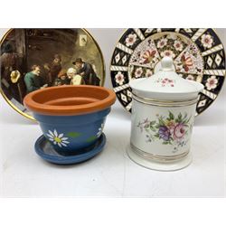 Quantity of ceramics to include Royal Crown Derby Imari plate, no. 2451, Sastuma vase, Frederick Rhead blue and white Prunus vase for Wood and Sons, Dresden pierced basket bowl with encrusted flowers and twin handles, James Kent Old Foley lidded jar with floral decoration, etc