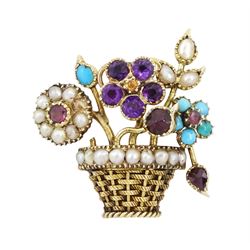 19th / 20th century gold multi gemstone set flower basket brooch, the flowers set with gar...