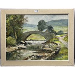 Ken Johnson (British 20th century): 'The Bridge at Yockenthwaite - Wharfedale' and A Forest Gate, two oils on board signed, the former titled and dated 1970 verso 44cm x 60cm and 50cm x 60cm (2)