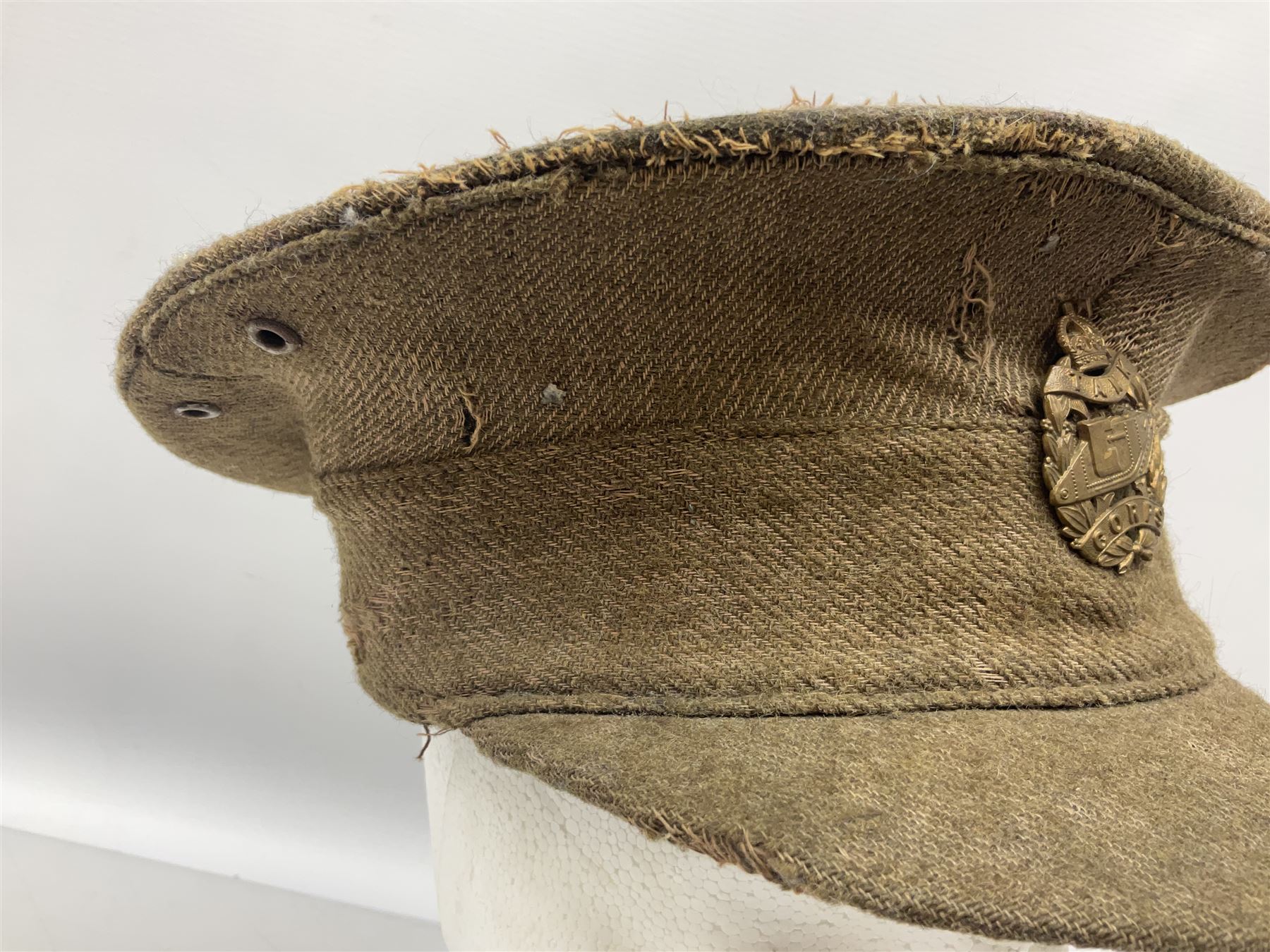 WW1 British Army stiff trench cap with Tank Corps cap badge