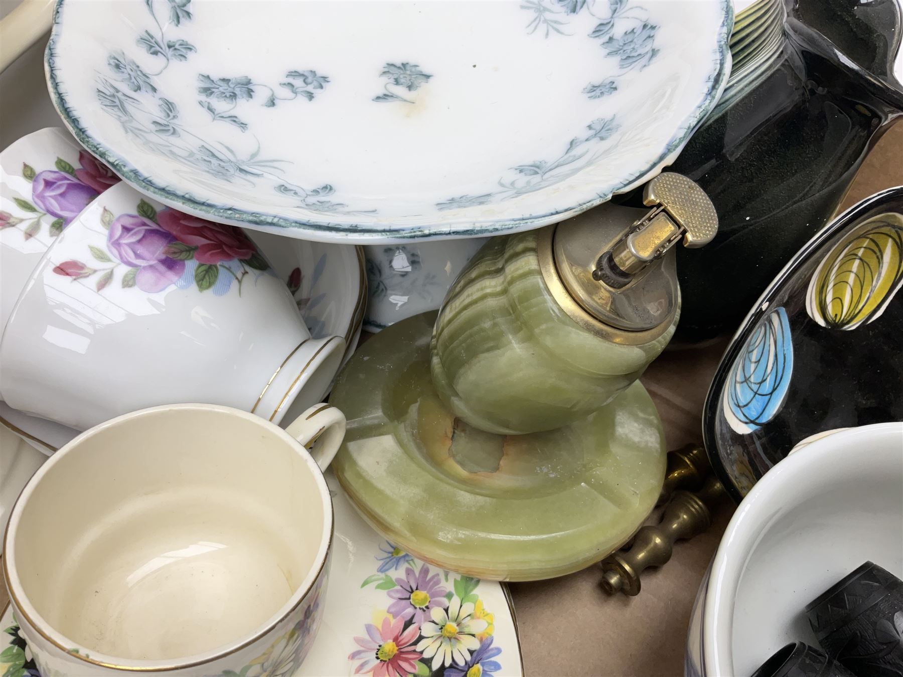 Large quantity of Victorian and later ceramics to include Spode Velamour twin handled vase, Bavaria Schumann Arzberg large circular stand and vase, Beswick Ware,  Spode, blue and white, Hanley and G Meakin, tea wares, figures, West German vase etc in six boxes