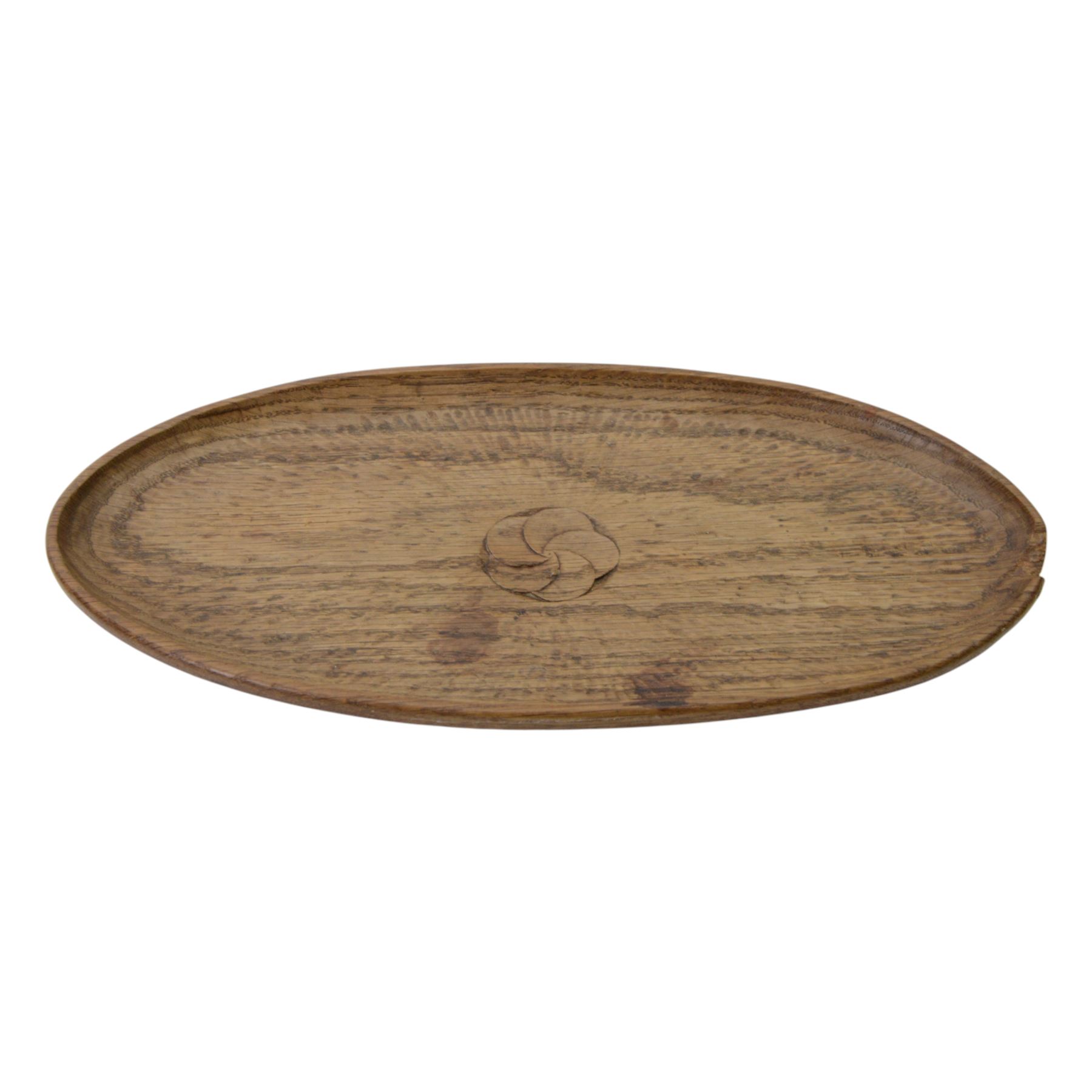 Gnomeman - tooled oak dish, carved with rose motif to the center, carved beneath with gnome signature, by Thomas Whittaker, Littlebeck, L36cm