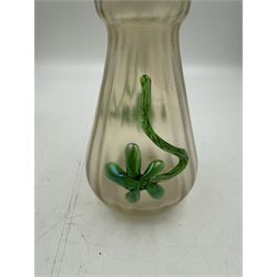 Three Austrian Art Nouveau iridescent glass vases, including a Kralik example of tapering form, with pearlescent lustre body and applied green flower decoration, tallest H18cm