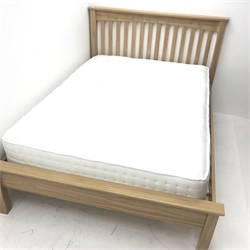 Light wood framed 4’ 6” double bedstead with mattress, W151cm, H113cm, L205cm