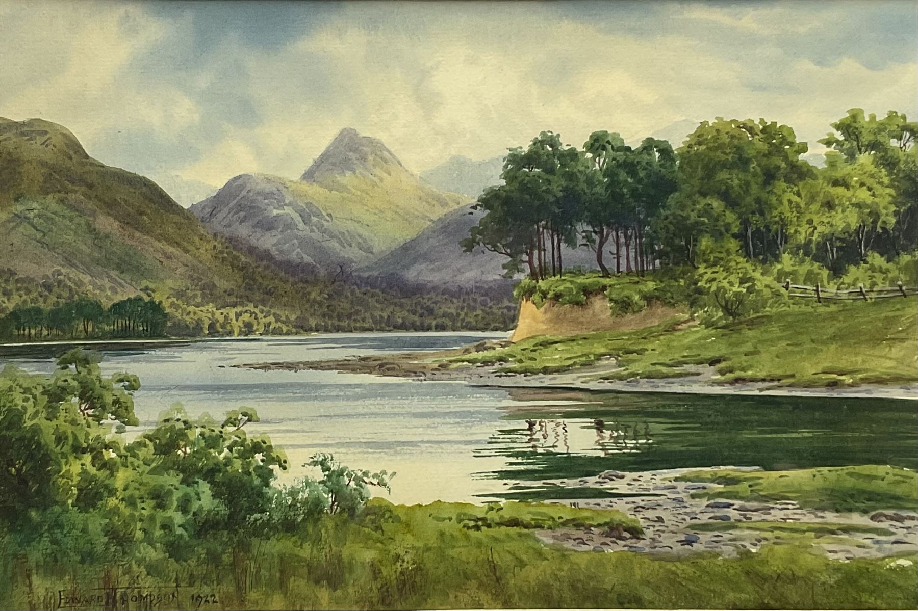 Edward H Thompson (British 1879-1949) 'June - Derwentwater and Causey Pike from Broomhill Point, watercolour signed and dated 1922, titled on artist's studio label verso 20cm x 30cm