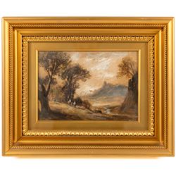 Attrib. James Duffield Harding (British 1798-1863): View of the East Yorkshire Coast, pencil unsigned 18cm x 27.5cm; Continental School (19th/20th century): Girl Underneath Archway, watercolour unsigned 24cm x 16cm and English School (19th/20th century): Horse Riders in a Forest Clearing, oil on board indistinctly signed 14cm x 20cm (3)