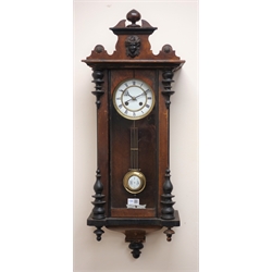  Early 20th century Vienna style wall clock, white Roman dial with twin train movement striking the half hours on a coil, H88cm   
