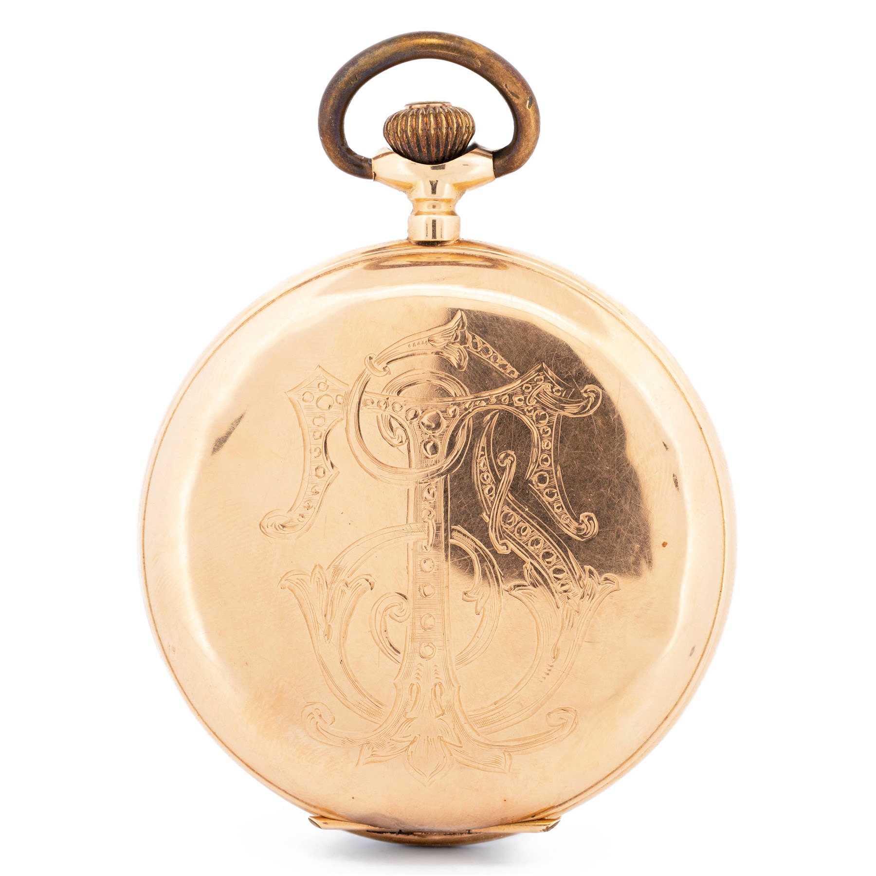 Early 20th century 14ct gold full hunter keyless lever pocket watch, white enamel dial with Arabic hour markers and subsidiary seconds dial, the front case monogrammed with initials, stamped 585 with squirrel hallmark