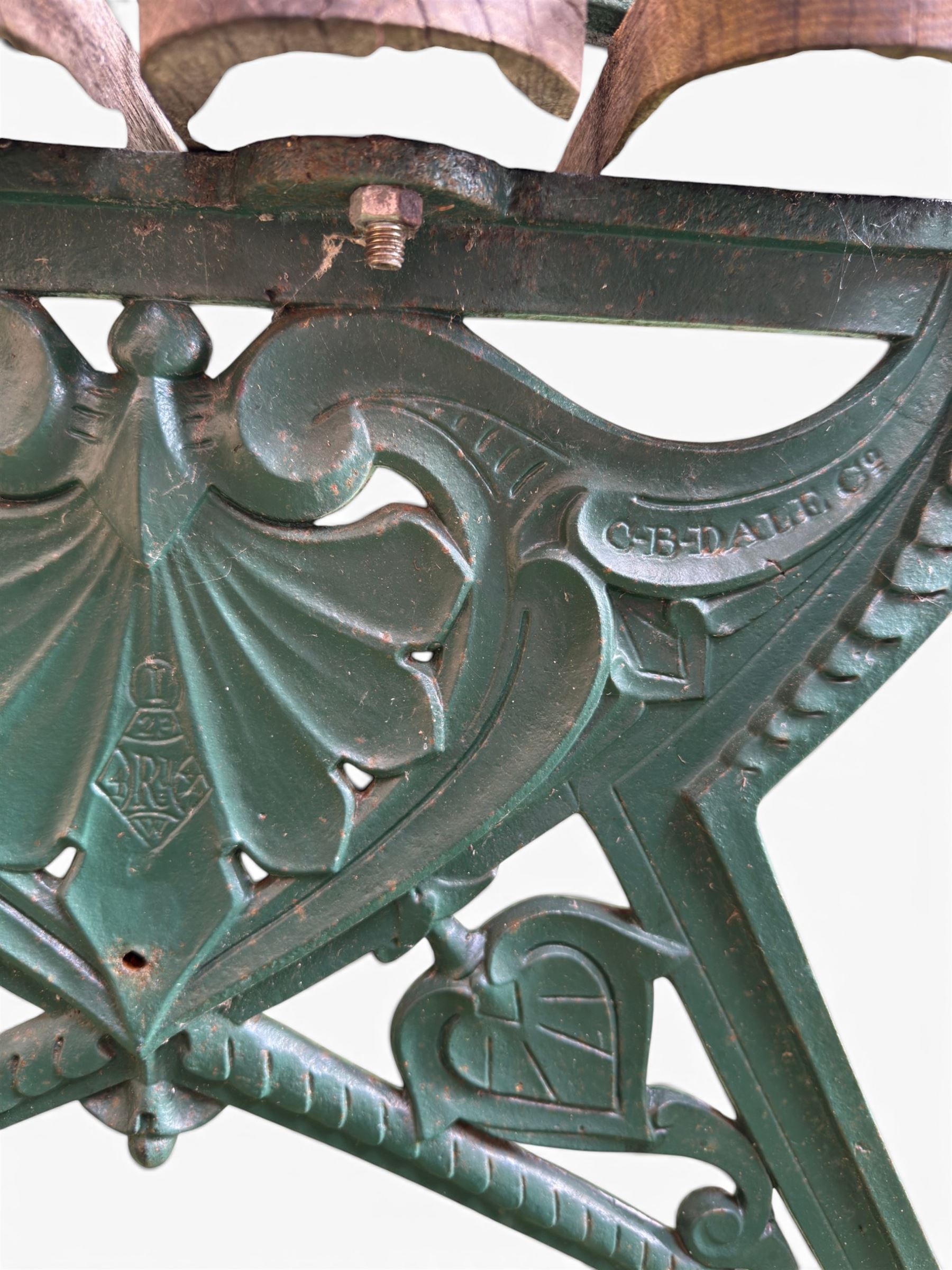 Coalbrookdale - Lily Pad design cast iron an wood slatted garden bench, late 19th century Aesthetic Movement, no. 217569, painted in green with iron centre support and seat stretcher, hardwood slatted