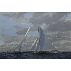 James Miller (British 1962-): Big Class Yachts 'Valkyrie II and Vigilant' - America's Cup 1893, oil on canvas signed, titled verso 68cm x 103cm