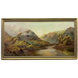 Prudence Turner (Scottish 1930-2007): Mountainous Highland Lake Landscape, oil on canvas signed 50cm x 101cm