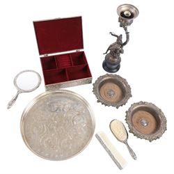 Pair of silver plate wine coasters, with crest for East Devon Regiment to the centre, toge...