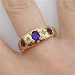 9ct gold gypsy set five stone oval amethyst and diamond ring, stamped 375 with Birmingham assay mark