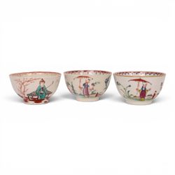 18th/ 19th century chinoiserie decorated porcelain including two New Hall tea bowls and a coffee cup in Boy and the Windmill pattern, Worcester Mandarin coffee cup and Liverpool tea bowl 