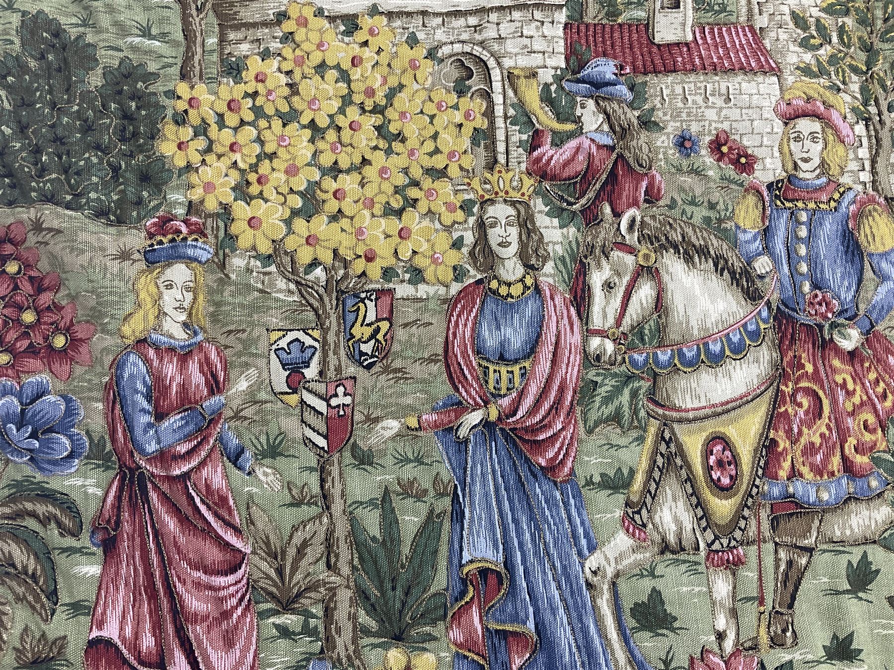 Medieval style German tapestry wall hanging suspended from carved oak pole depicting fairy-tale Rapunzel scene, H126cm W160cm approx 