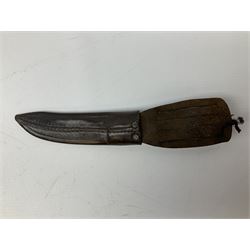 Three hunting knives, each blade marked A. Wright & Sons Sheffield, one with leather handle, one with horn handle and one with antler handle; each with leather sheath (3)