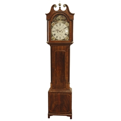  George lll inlaid mahogany longcase clock, arched painted dial with subsidiary seconds and date, inscribed 'J. Anderson Westhaven', swan neck pediment and fluted quarter column case on bracket feet, 8-day movement striking the hours on a bell, H218cm (dial H47.5cm)  