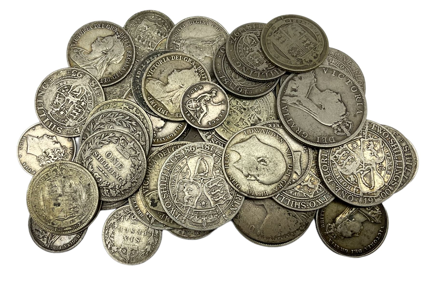 Approximately 270 grams of Great British pre 1920 silver coins, including florins, shillings, sixpences and two four pence pieces