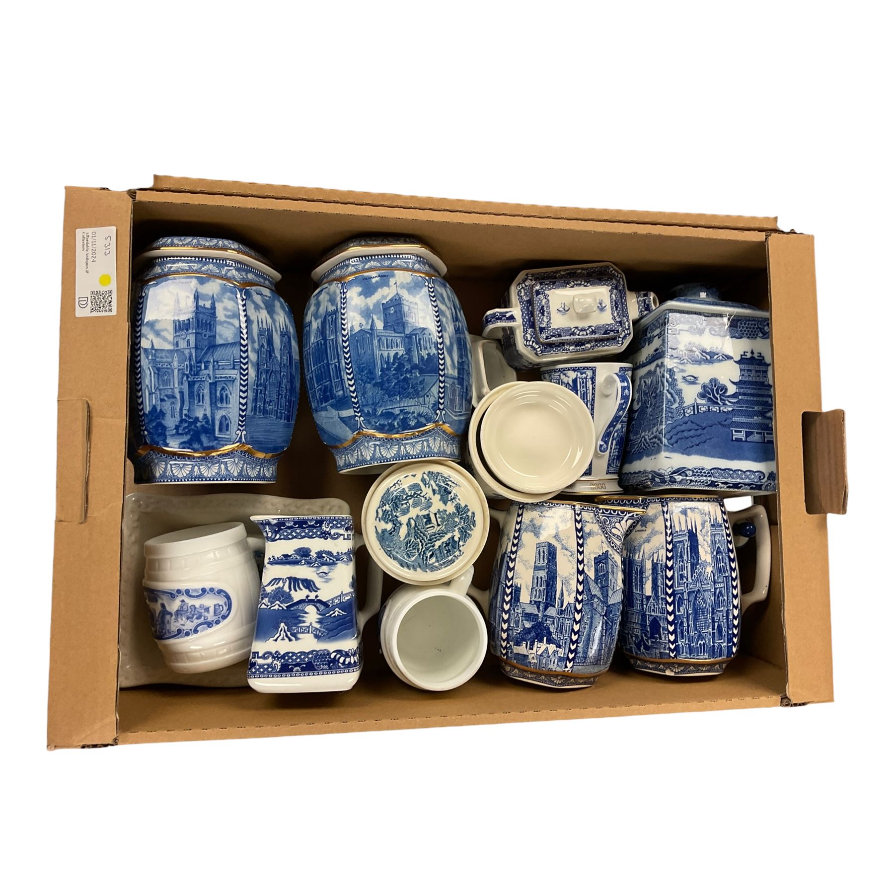 Collection of Ringtones blue and white jars, together with jugs etc  