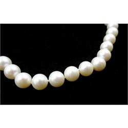 Single strand cultured white pearl necklace, on 9ct gold clasp stamped 375