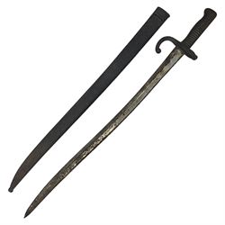 French 1866 pattern sabre bayonet with 57cm fullered steel curving blade dated 1875, in steel scabbard L71cm overall