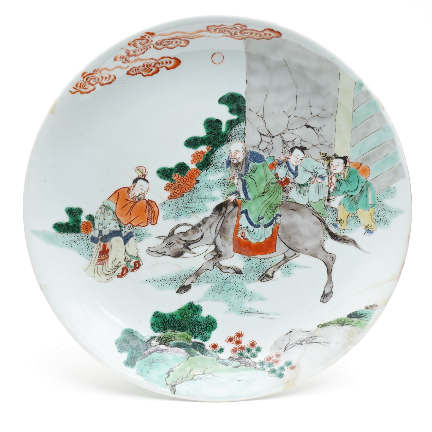 Chinese Kangxi famille verte dish, decorated with Laozi seated on the back of a buffalo greeting a bowing figure, D27cm