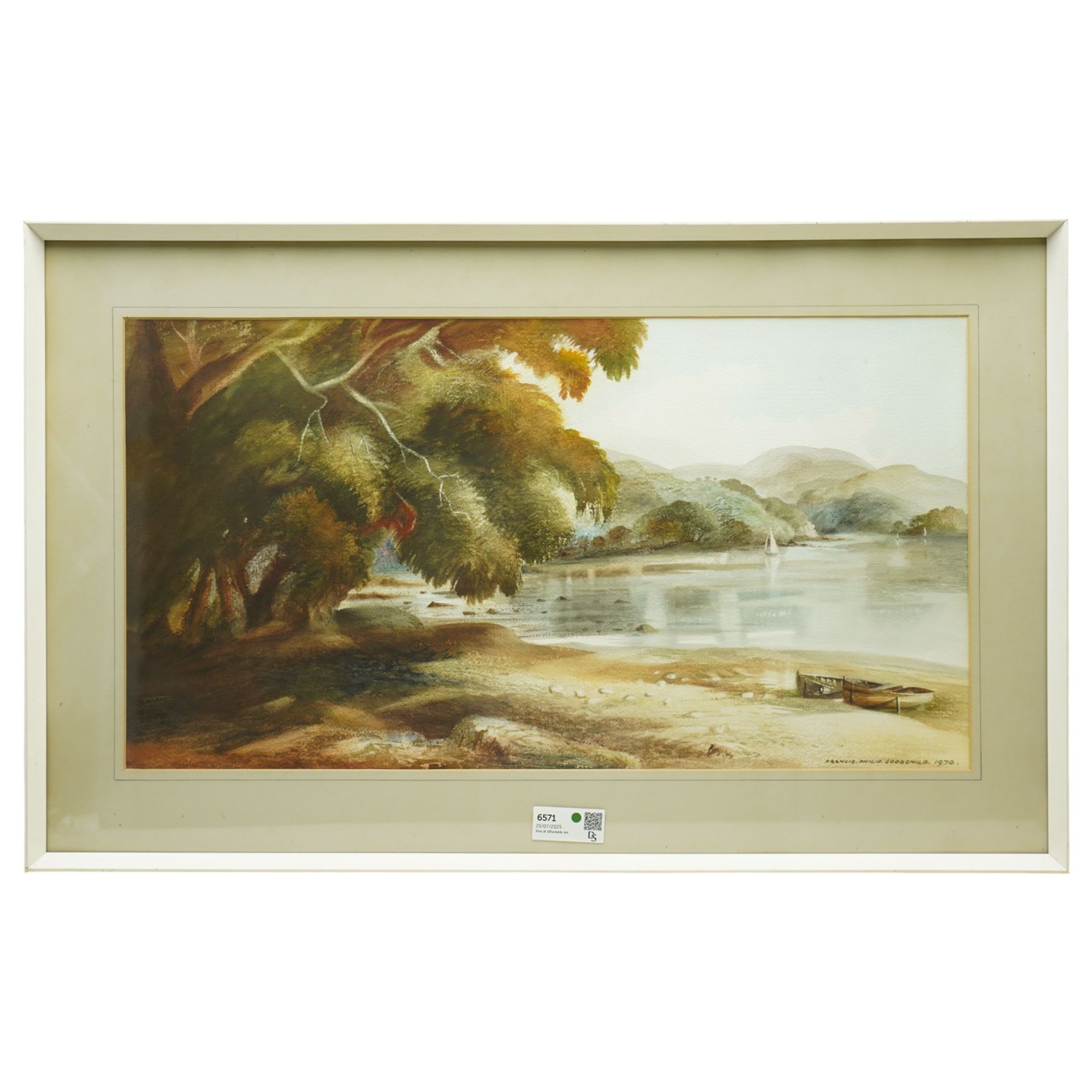 Francis Philip Goodchild ARCA (British 1900-1986): 'Mill Creek - Dartmouth' 'Galmpton Creek' 'Dartmoor - East of Widdicombe' 'Church at Berry Pomeroy' 'Wharflete Cove' 'Evening over the Dart' and 'Near Dittsham', set seven watercolours signed and dated, titled verso max 40cm x 75cm (7)