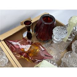 Collection of glassware, to include Murano style art glass bowl and vase, four cut glass decanters etc, in two boxes 
