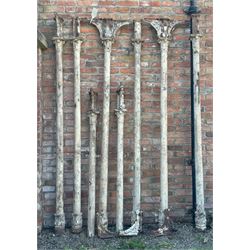 Set of eight Victorian cast iron reclaimed architectural columns, removed from a small gauge railway station, each highly detailed with acanthus cast capitals above fluted columns, six having further acanthus to base. H242cm / 160cm.  - COLLECTION BY APPOINTMENT FROM: The White House, Thirsk Road, Easingwold, York, YO61 3NF - CALL 01723 507111 TO ARRANGE