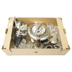 Silver plated cocktail shaker, plated serving dish, other plated items, glassware etc