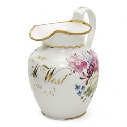 Early 19th century Spode porcelain basket, hand painted with pink roses and forget me nots and inscribed 'Walk Upon', L20cm, together with a similar Spode spill vase, two other spill vases, painted with flowers and castle, H10.5cm and an early English porcelain jug inscribed W & M West 1831, H16cm (5)