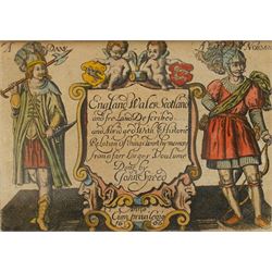 John Speed (British 1552-1629): 'England Wales Scotland and Ireland Described and Abridged', frontispiece and set of four engraved maps with hand-colouring of the British Isles from the miniature pocket-sized edition pub. c.1666, 9cm x 13cm (5)