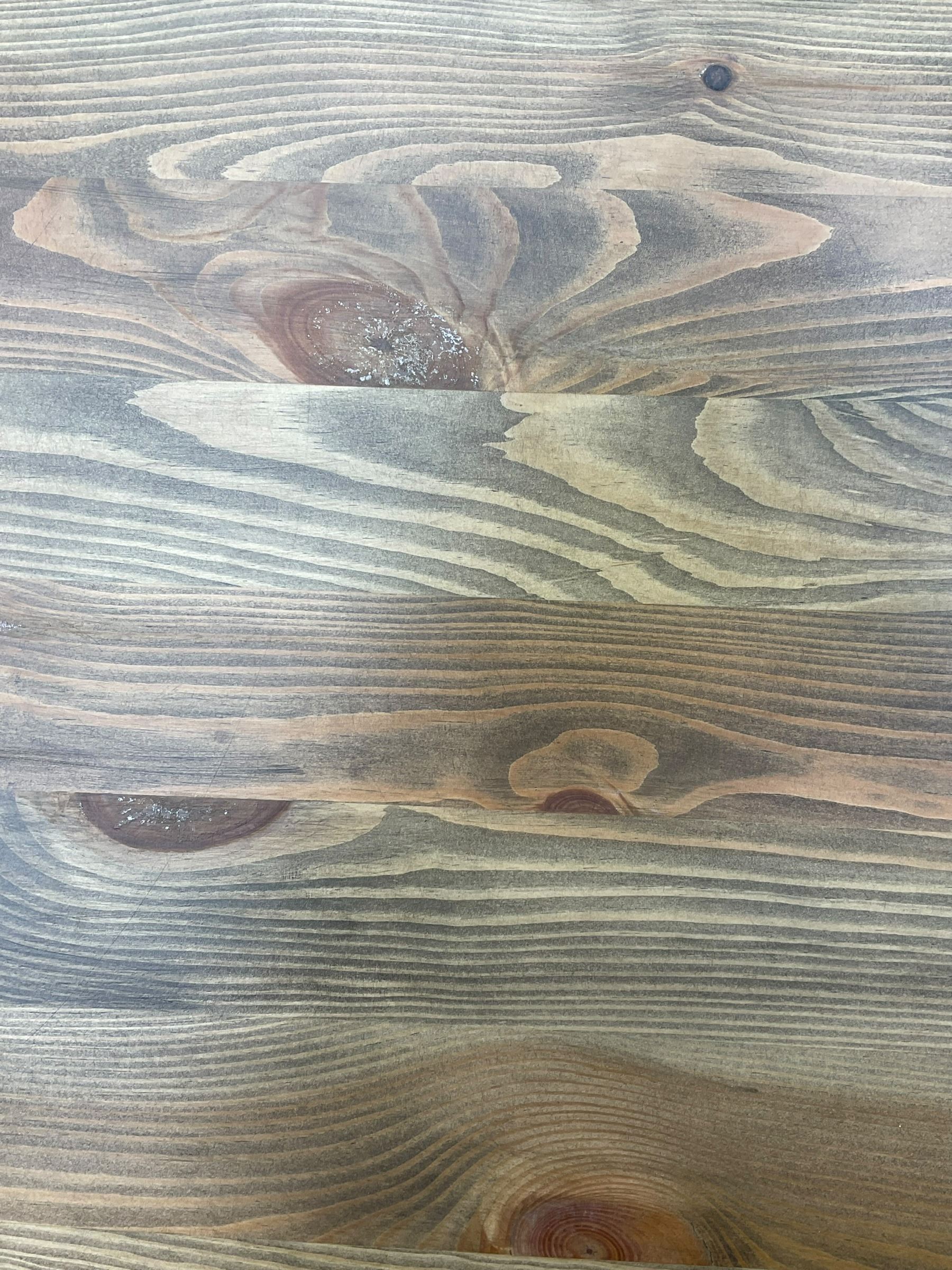 Pine kitchen dining table, rectangular moulded top on painted base, square tapering supports (180cm x 85cm, H78cm); and two matching benches 