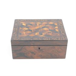 19th century Tunbridge ware marquetry box, the hinged cover decorated with tumbling blocks in specimen timbers and hardwood, within a star border, H10cm W23.5cm D18cm