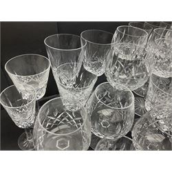Set of Waterford Crystal Lismore pattern drinking glasses for six people, including hock glasses, goblets, champagne flutes,  sherry glasses, liqueur glasses, hi ball glasses, whisky glasses, brandy balloons, etc, all with etched maker's mark beneath  (62)